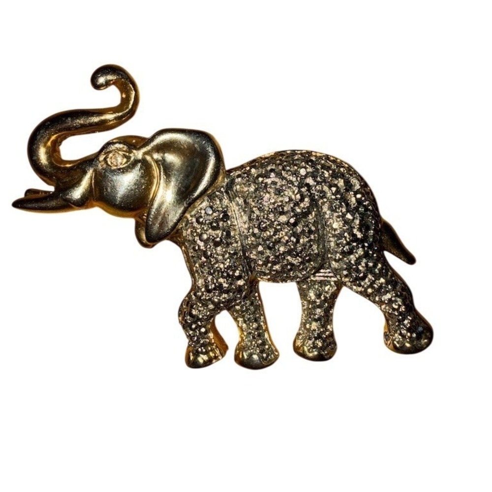 Vintage Eisenberg Elephant Brooch Pin Gold Tone Pavé Rhinestones Trunk Up